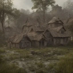 grande vila abandonada, extremamente detalhada, chuva, fumaça, criança de costas perdida