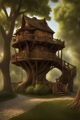 large medieval wooden treehouse, with a balcony, and a cobbled road going through the middle, in a wood, photo-realistic