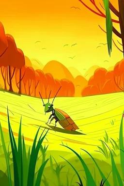 Trees，Warm color palette，Animation，The grasshopper stood on the rice field