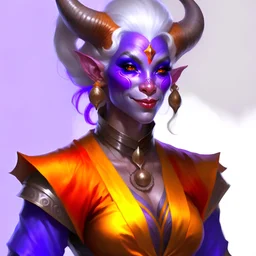 A tiefling (d&d race) quite old. She is a woman with purple skin, gray hair and orange eyes. She has two horns similar to those of a bull. She wears many jewels and is dressed elegantly. She must be in American comic-book style.