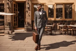 bearded man in elegant suit with checkered skirt on high heels standing next to a restaurant holding a laptop case in sunshine