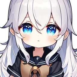 Clear focus, High resolution, long white hair, hair between eyes, straight long locks, sparkling blue eyes, wearing a sailor uniform, wearing a sailor skirt, wearing a brown vest, cute, 1girl, fluffy hair, cute, chibi, cartoon, rough line art, white background