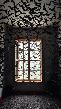 A room full of flying thousands of bats everywhere on a the walls , ceiling, coming all from an open window
