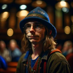 portrait of hippie wood elf with bucket hat in dark royal ancient concert hall , photo-realistic, shot on Hasselblad h6d-400c, zeiss prime lens, bokeh like f/0.8, tilt-shift lens 8k, high detail, smooth render, down-light, unreal engine, downlight