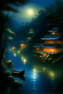 Shining water, magic night, ancient China