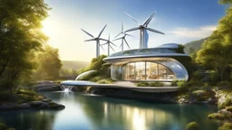 6003. Innovative environmentally-friendly home, wind turbines, solar panels, water wheel in river, alternative energy, scientific experiment, home of the future, fantasy, robotic, automated, spectacular, futuristic, beautiful lighting, attractive composition, photorealistic, extremely detailed, chiaroscuro