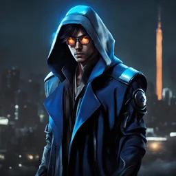 Mysterious male Korean cyberpunk wizard, blue jacket, glowing grey eyes, video game character, trending DeviantArt, trending ArtStation, post-apocalyptic background