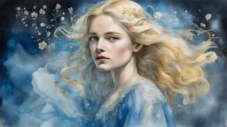 Middle Ages, fine charcoal drawing, watercolor, gouache, acrylic, portrait of a beautiful blonde 20 years old, airy dress, double exposure, fantasy, water, blue, loose hair, flower, glare, sparkles, gold, clear lines, high resolution, 3D , photorealism, precise focus