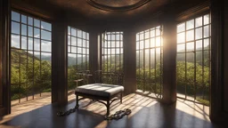 Interior of a dark dismal prison cell with bed, table, chair, handcuffs, chains, looking out through an open cell door into gardens and distant hills in bright sunshine and freedom. Exquisite composition, beautiful detailed intricate detailed octane render, 8k artistic photography, photorealistic, perfect light, chiaroscuro, award-winning photograph, masterpiece