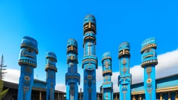 A giant radiant sky blue theatre with Pacific Northwest totem poles