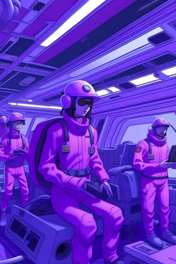 Technological utopian society slightly environmentalist with some causal people in plane somewhat purple uniform