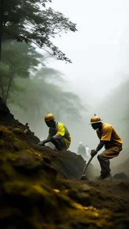 African workers in a cave digging for gold in cloudy fog forest with African custom