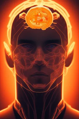 man in the bitcoin brain, Fire theme art, Dark moody night atmosphere, , 8K, close-up face, anatomically perfect face