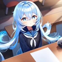 Clear focus, High resolution, long fluffy light blue hair, hair between eyes, long locks, wearing a sailor uniform, wearing a sailor skirt, long black socks, 1girl, cartoon, cute, UNFOTABLE studio