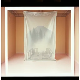 A polaroid photo of an odd room with structures. A transparent tarpaulin covers an image resembling a ruined building. There is a group of fir trees in the background and a high hill in the distance. The surface below is in a pastel color. Fog is present.