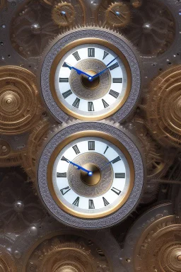 3d mandelbulb 3d fractal with real silver gears of mechanical clock with 12 beautiful realistic girls dancing in clock numbers in beautiful color full space