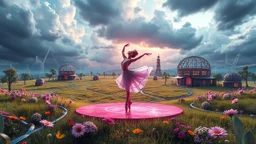 Dynamic cifi country side ,hypnotic of 3D structures Symmetry twisting and morphing between cifi plants , cifi flowers and metal geometric 3d structures buildings ,cifi cars, and an open cifi stage with a beautiful lady dancer in stage,a future pretty lady singer presenting in a big tv screen her performance in it,smooth translucent iridescent glass with inner glow and bubbles, varied transparent materials, stormy skies, intense dramatic a very beautiful ballerinais playing ballet