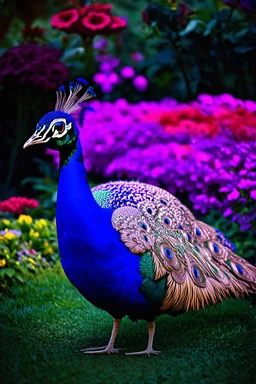 A (((vividly glowing purple neon peacock))), intricate details and ornate patterns, in a beautiful garden