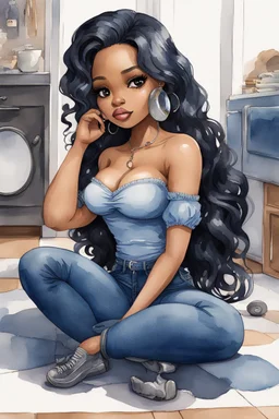 Create a futurism magna watercolor pain art of a black chibi curvy female sitting on the floor looking at herself in a hand mirror. She is wearing tight blue jeans and a black off the shoulder blouse. Prominent make up with lush lashes. Highly detailed long wavy hair. She is also wearing silver large hoop earringsart of a black chibi curvy female sitting on the floor looking at her cell phone. She is wearing tight blue jeans and a black off the shoulder blouse. Prominent make up with lush lashes