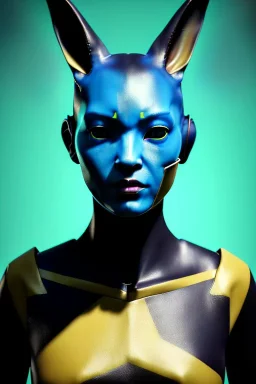 Medium Close Up Portrait, Front image. cyberpunk, rabbit mask, asian woman, cyber head. Latex dress. Yellow, black, color. Mad max style. Color background, photo studio. Avatar image, highly detailed, concept art, smooth, unreal engine 5, ray tracing, RTX, lumen lighting, ultra detail, volumetric lighting, 3d, finely drawn, high definition, high resolution.