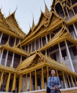 A woman stands in front of a grand palace, her eyes wide with wonder as she takes in the stunning architecture and ornate details.