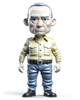 4D cartoon with big head, ultra-realistic details of Putin dressed in a plain gray long-sleeved shirt, cargo pants, cream-colored boots, hands in pockets, white background