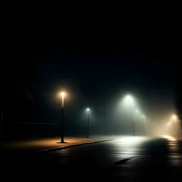 a street at night with identical streetlights lined up and fog liminal space
