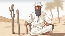 Old man, Arab, turban, white clothes, cattle, desert, council, sun, palm trees, mud houses, holding a stick, looking forward, a very slight smile.cartoon,Sitting on a chair,long beard,Mouth slightly open,Realistic features, portrait