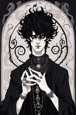 black haired young man necromancer wizard with gothic jewelry and tentacle fingers in the style of Aubrey Beardsley