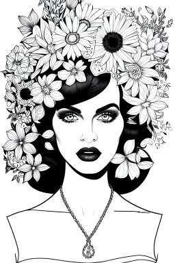 hyper detailed, black and white, thick line, coloring book illustration, lineart, stunningly beautiful woman in flowers