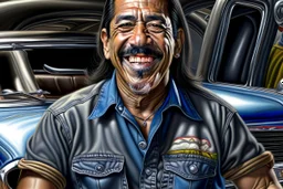 Fotorealistisch Danny Trejo breit grinsend mit offenem Haar in ölverschmiertem Mechaniker Overall fährt Muscle Car