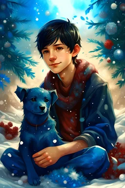 digital drawing sitting teenage boy with black short hair, wearing a blue scarf, glistening, no signature, Christmas, surrounded by holly berries, glitter, medium size snowflakes, beautifully rendered, festive, hyper realistic, crystal, shiny, bright, cinematic setting, with black puppy, christmas art masterpiece, holly berries, pine needles, pinecones, extremely cute, watercolor painting Insane