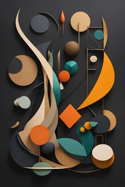 Organic Abstraction": Create a minimalist artwork of geometric elements that blends organic forms and minimalist aesthetics, symbolizing the interconnectedness of all living things, vibrant rich shady, midcentury artwork, dark background