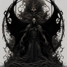 Generate a visually striking artwork that depicts 'Abaddon' as a formidable and malevolent entity similar to the grim reaper, drawing inspiration from dark mythology and biblical references. Incorporate elements of chaos, destruction, and a foreboding atmosphere, while highlighting Abaddon's menacing presence and otherworldly power.