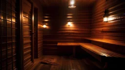 The sauna is decorated with soft lights that cast light on the dark wood and sprinkle on the heated wooden floor. Robert settles into the sauna, where the air is filled with the scent of aromatic herbs mixed with warm steam. It shows Robert's face illuminated by a faint light, as he contemplates the steam flowing around him. He listens to the enchanting noises of the night outside the sauna, and feels completely isolated in his own world of warmth and stillness. Thoughts suddenly flare up in R