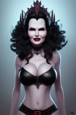 Geena Davis as evil queen in black leather, leather, busty, cleavage, angry, rage, stern look. character design by cory loftis, fenghua zhong, ryohei hase, ismail inceoglu and ruan jia. unreal engine 5, artistic lighting, highly detailed, photorealistic, fantasy