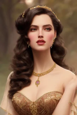 long shot beautiful and gorgerous duchess with incredible jewellery in 19th century clothing by Greg Rutkowski and Artgerm and Emile Vernon and Vladimir Volegov, in a brown dress, mystical castle background, art illustration, natural beauty, muted colors, pastels, perfect fingers, higly detailed, expressive, high detail, symmetrical, digital painting, symmetrical eyes, dynamic lighting, artstation, cinematic lighting, intricate artwork, emitting diodes, smoke, artillery, sparks, racks, system u