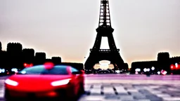 A Tesla's 'Model S Plaid' is racing at top speed, by the Eiffel Tower, in Paris. CINEMATIC. WIDE ANGLE LENS.