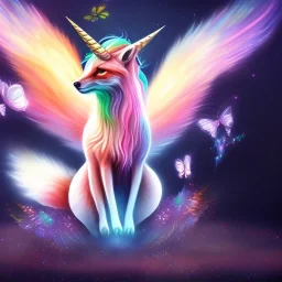 unicorn with butterfly wings playing with a seperate fox