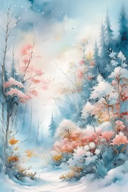 magic Wet watercolor, beautiful flowers, fir trees, fine drawing, beautiful snow-white landscape, pixel graphics, delicate sensuality, realistic, high quality, work of art, hyperdetalization, professionally, filigree, hazy haze, hyperrealism, professionally, transparently, delicate pastel tones, back illumination, contrast, fantastic, nature, space, Milky the way is fabulous, unreal, translucent, glowing,clear lines