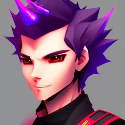 anime discord profile picture of man with short black hair with red streaks, with purple dragon horns on top of his head, looking mischievous