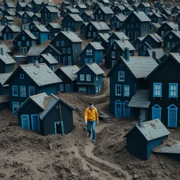 Fotografia di strada blu gioioso weirdcore dai colori vivaci. Max Ernst. Le case sono dipinte di nero chiaro con g stilizzate e dettagli. Ci sono, che danno un senso distopico e molto surreale, disposte in modo casuale. L'atmosfera generale sembra noiosa e onirica, con un contrasto tra elementi reali ed elementi dipinti. Persona finta cammina. Tutto è sotterrato da decine di metri di fango che non lascia vedere nulla