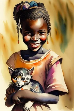 A cute smiling african girl is holding a kitten. Watercolour
