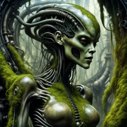 human female body xenomorph overgrown with moss, art peter Gric earl Norem Hajime Sorayama and Giger, steampunk, dieselpunk, detailed, complicated, photorealistic, 8k,