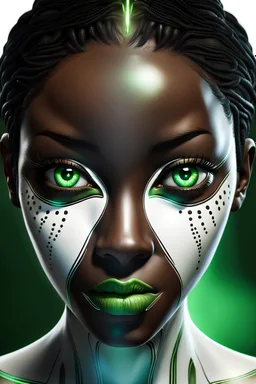 front facing view of a beautiful symmetric black female, green glowing eyes, white background, ultra realistic, highly detailed, hd, sharp focus, cinematic lighting, realistic, photorealistic, vivid colors, painting, photograph, photoshoot, digital art, non blurry, sharp, artstation, concept art, smooth, illustration