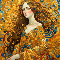 🔥 PROMPT: A stunning painting in the style of Gustav Klimt depicting a woman with long hair in a full-body portrait. The artwork features golden circles and swirls, a shimmering gold leaf background, and rich, detailed colors. This intricate piece exemplifies the Art Deco movement with its masterful design and vibrant elements.