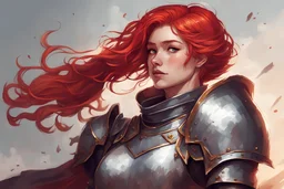 there is a knight, she has red hair. the artstyle is comic