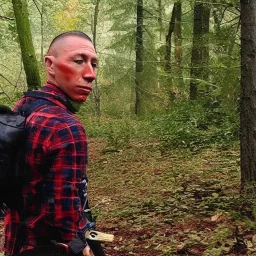 georges st pierre with a red plaid shirt, a backpack and a rifle in a creepy forrest with zombies