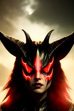 Demonic character, demon horns, demon tail, ominous, facepaint, waist up portrait, intricate, oil on canvas, masterpiece, expert, insanely detailed, 4k resolution, retroanime style, cute big circular reflective eyes, cinematic smooth, intricate detail , soft smooth lighting, soft pastel colors, painted Renaissance style