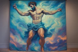 Armand Guillaumin oil tufting tapestry painting, young gym bioluminescent Zeus with translucent body-paint tight-fitting suit makes powerful thunder, Otherworldly, religious full body photo